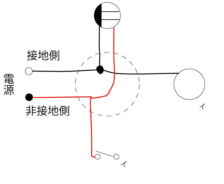 複線図の書き方3　非接地側電線をスイッチとコンセントに繋ぐ